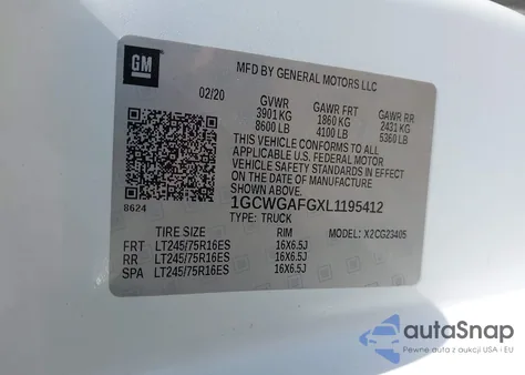 2020 Chevrolet Express Cargo Rwd 2500 Regular Wheelbase Wt из США, поврежденный, VIN 1GCWGAFGXL1195412